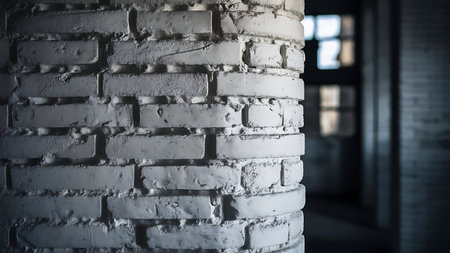 Detailed view of a cylindrical brick pillar, painted white, with visible mortar and textures. The background is blurred, suggesting an indoor environment.の素材