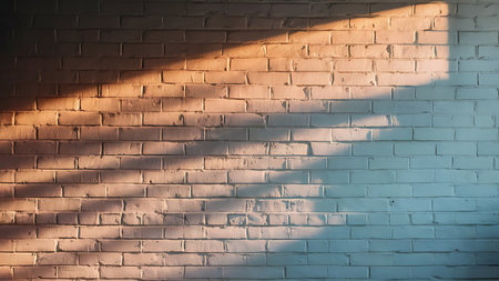 Close-up of a brick wall with sunlight casting shadows, highlighting the texture and pattern of the bricks.の素材