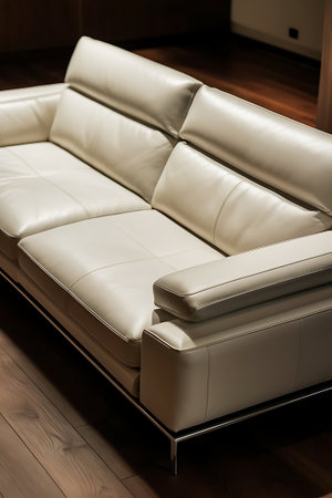 A close-up view of a luxurious cream-colored leather sofa, showcasing its modern design, plush cushions, and comfortable armrests. The sofa is placed on a wooden floor.の素材