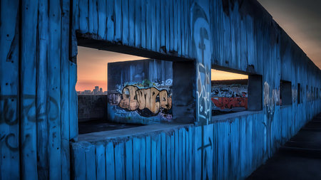 An old, weathered building with graffiti art on its walls, featuring a sunset view through the windows, creating a contrast between urban decay and natural beauty.の素材