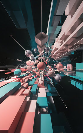 Dynamic digital artwork featuring a complex arrangement of geometric forms, vibrant colors, and depth, creating a visually striking composition.の素材