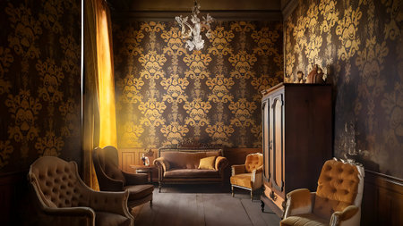 A beautifully lit room featuring antique furniture, ornate wallpaper, and a vintage chandelier, creating a classic and luxurious atmosphere.の素材