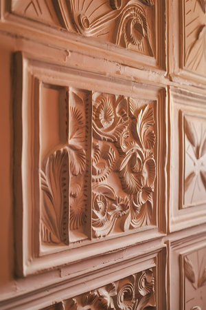 Close-up of detailed wooden panel with carved floral and geometric patterns, showcasing craftsmanship.の素材