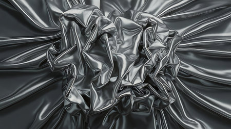 Close-up of a silver fabric with intricate folds and highlights, creating a luxurious and abstract texture.の素材