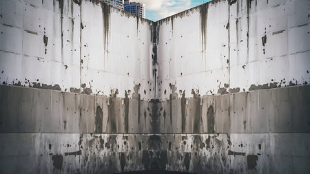 A symmetrical view of a concrete structure with water dripping down the walls, creating a unique pattern of shadows and textures.の素材
