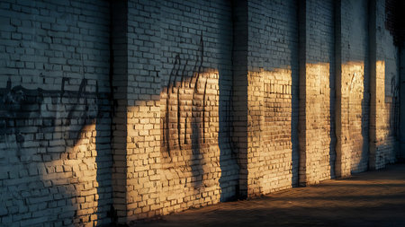 The image captures the interplay of light and shadow on a textured brick wall, highlighting the architectural details and creating a sense of depth and age.の素材