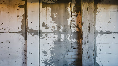 Close-up view of a concrete wall showing cracks, textures, and signs of wear and tear, highlighting the materials aging process.の素材