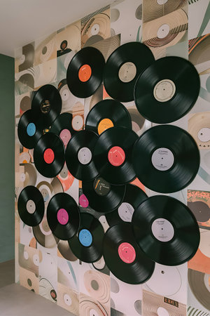 A collection of vinyl records arranged on a wall, creating a unique and artistic display. The records have colorful labels, adding visual interest.の素材