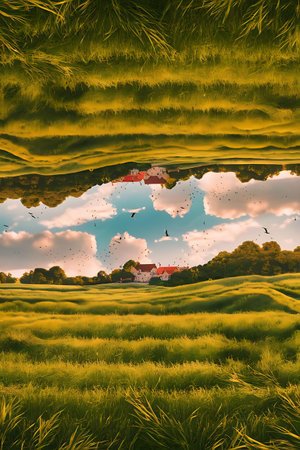 a reflection of a farm in a fieldの素材