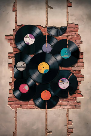a wall with a bunch of vinyl records on itの素材