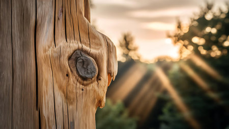 a close up of a wooden post with a bird on itの素材