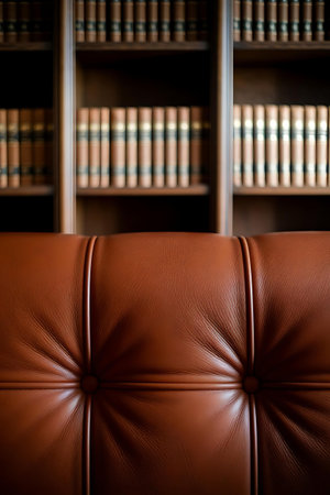 a brown leather couch with books on the shelvesの素材
