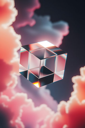 a cube floating in the sky with cloudsの素材