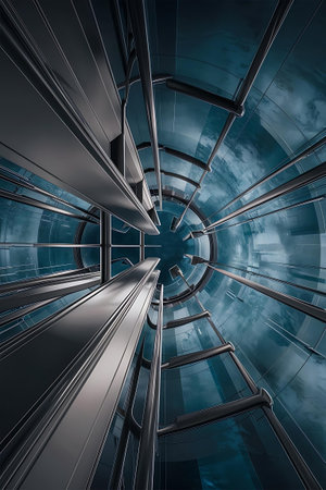 a blue and black tunnel with a sky backgroundの素材