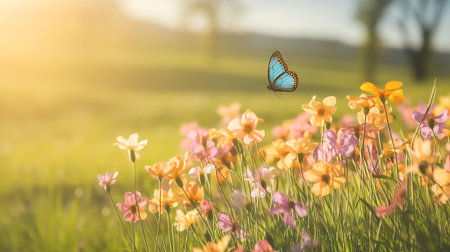 a butterfly flying over a field of flowersの素材