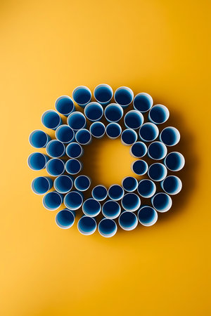 a circle of blue plastic tubes on a yellow backgroundの素材