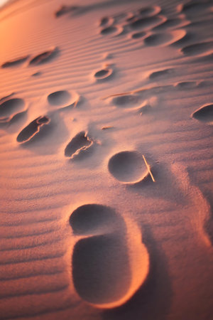 a close up of a sand dune with footprintsの素材