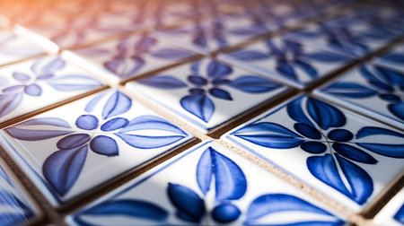 a close up of a tile with blue leavesの素材