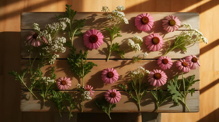 a bunch of flowers on a wooden tableの素材