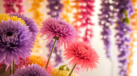 a vase filled with colorful flowers on a tableの素材