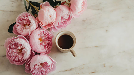 a cup of coffee and pink flowers on a marble surfaceの素材