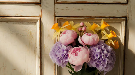 a vase of flowers sitting on a doorの素材