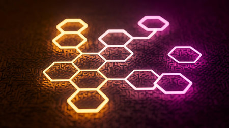 a glowing hexagon on a black backgroundの素材