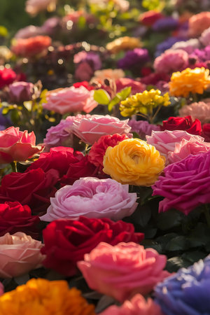 a bunch of colorful roses in a fieldの素材