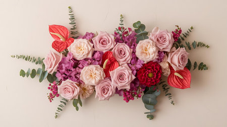 a bouquet of pink and red flowers on a white backgroundの素材
