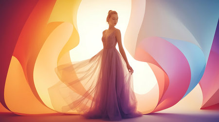 a woman in a long dress standing in front of colorful shapesの素材