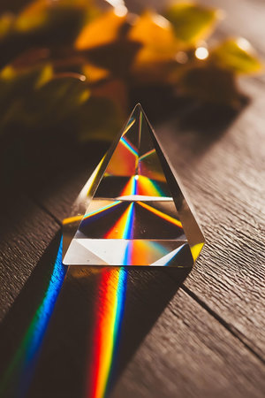 a prism prism on a table with leavesの素材