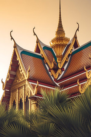 a temple with a golden roof and palm treesの素材