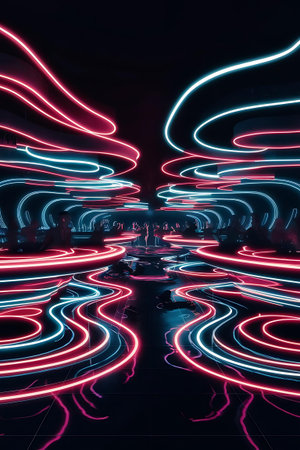 a room with neon lights and a black floorの素材