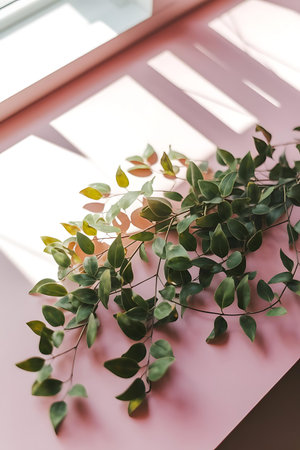 a plant with green leaves on a pink surfaceの素材