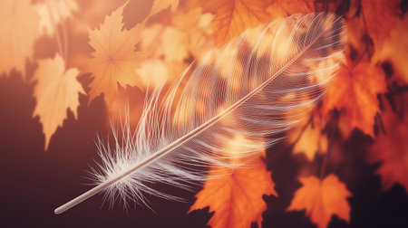 a feather and autumn leavesの素材