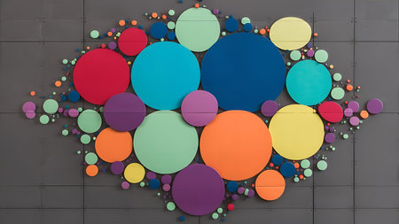 a large colorful wall with many circles on itの素材