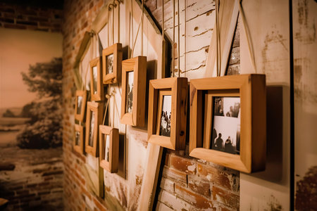 a wall with pictures hanging on itの素材