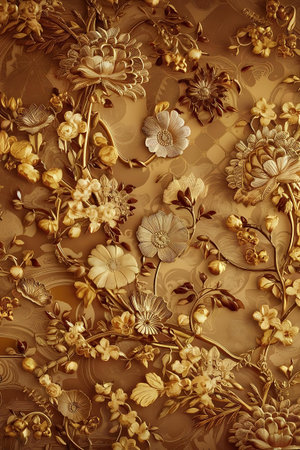 a wallpaper with gold flowers and leavesの素材