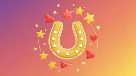 a horseshoe with hearts and stars around itの素材