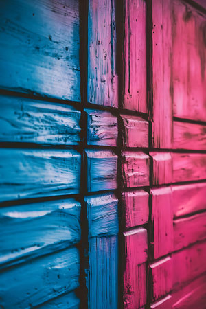 a close up of a wall with a red and blue paintingの素材