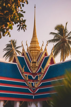 a building with a blue roof and palm treesの素材