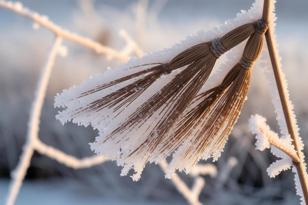 a close up of a snow covered plantの素材