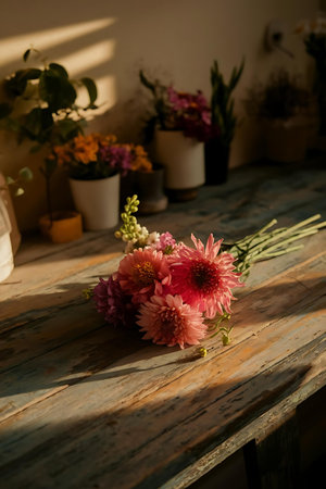 a bunch of flowers sitting on a wooden tableの素材