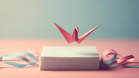 a folded card with a pink and blue ribbonの素材