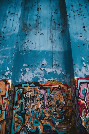 a wall covered with graffiti and a blue wallの素材