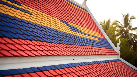 a man is standing on a roof with a red and blue tileの素材
