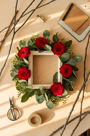 a picture frame with flowers and a bookの素材