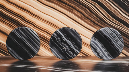 three black marble coasters on a marble surfaceの素材
