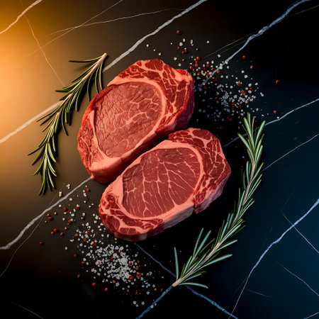 two steaks with rosemary spe and pepper on a black backgroundの素材