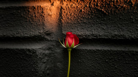 a single red rose on a black brick wallの素材